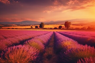 Summer landscape with purple wildflowers and grass. Generative AI.