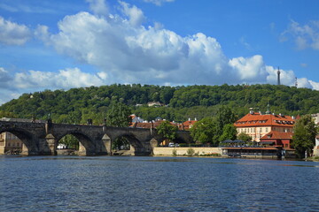 Fototapeta na wymiar View of Prague Castle and hill Petrin from the river Vltava in Prague, Czech republic, Europe 