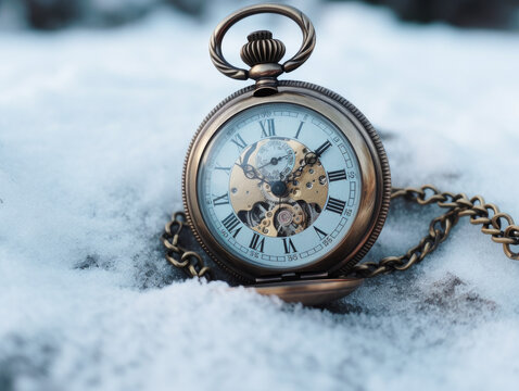 Old pocket watch in the snow