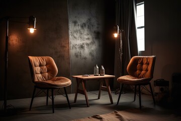 Fototapeta na wymiar Stylish interior, two chairs, studio light, interview scene. Generative AI.
