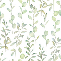 Fototapeta premium Watercolor seamless pattern eucalyptus branches. Botanical nature print on white background. Hand drawn illustration
