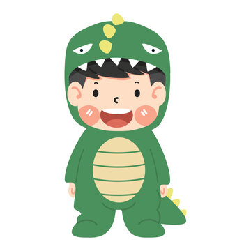Cute boy in dinosaur costume cartoon