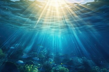 Fototapeta na wymiar Underwater sea in blue sunlight. Generative AI.