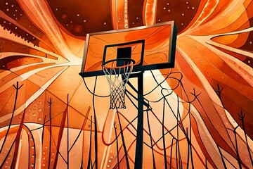 Basketball frenzy - A basketball ring with many hand-like twigs trying to reach it. Conceptual watercolor illustration in shades of orange and brown symbolizing struggle, ambition, and competition