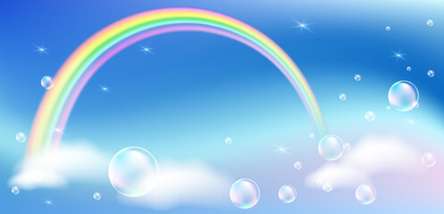 Fairytale iridescent sky landscape with rainbow and stars in the cloudy sky. Magic background for princess and unicorn.