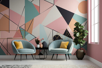 Very cozy retro vintage interior background. Chairs, shelves, plants and other furniture placed in room with beautiful colorful wall with various geometric shapes pattern copy space. Generative AI