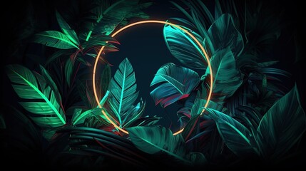 Tropical leaves background with neon light. Generative AI.