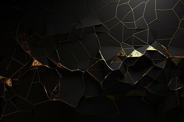 Abstract and elegant black background with golden cracks and splashes with copy space. Product placement luxurious backdrop. Generative AI