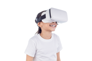 Kid using virtual reality headset, surprised child looking in VR glasses isolated on white background with clipping path.