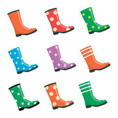 Green, red, orange rubber boots with daisies, hearts in cartoon style. Vector illustration set