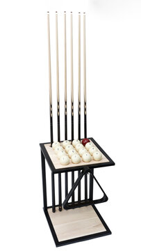Rack for billiard balls. Set for playing billiards. Cues and billiard balls on a stand. Accessory for playing billiards. Furniture for billiard balls