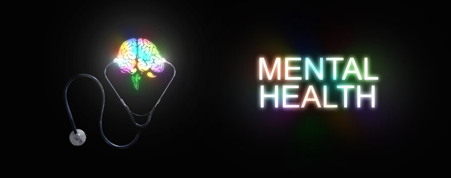 Mental Health. Bright Colorful Brain with Stethoscope. Medical and Healthcare Illustration.