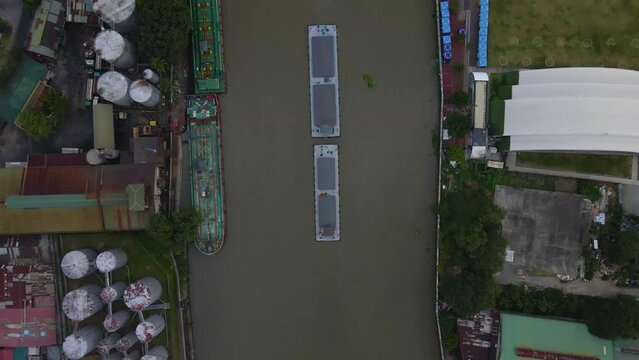 Aerial view of an industrial boat on the Pasig River in the Philippines