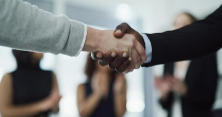 Teamwork, handshake and hands of business people for partnership, deal agreement and working together. Collaboration, corporate office and men and women shaking hand, applause and celebrate success