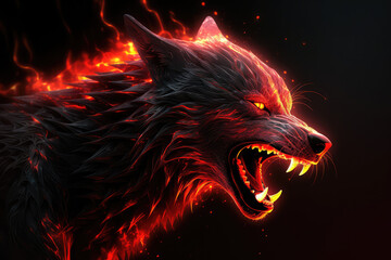 Evil wolf in red flames, fantasy, generative AI