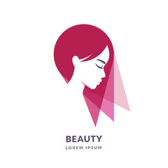 Woman logo sign emblem design template. Abstract pink flower leaves and female face silhouette vector illustration
