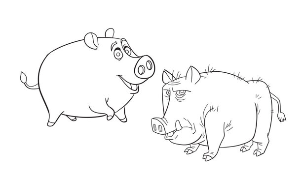 Easy coloring page of Cute Pigs . Icon sheet vector. Vector design template for kids coloring book