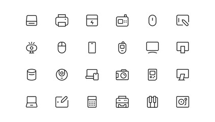 Device and technology line icon set. Electronic devices and gadgets, computer, equipment and electronics. Computer monitor, smartphone, tablet and laptop sumbol collection