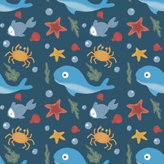 Seamless pattern cute illustrations of marine animals, digital paper.
