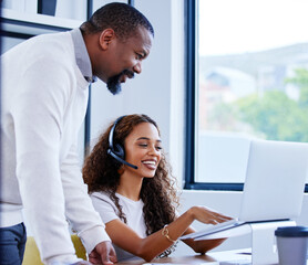 Coaching, teamwork and people in call center with laptop for customer service. Telemarketing, computer and black man training woman, intern or sales agent, consultant and collaboration with a smile.