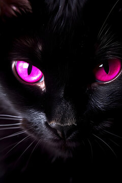 black cat with pink eyes, in the style of nightmarish visions, uhd image, flickr, dark magenta, daz3d, national geographic photo, symmetrical