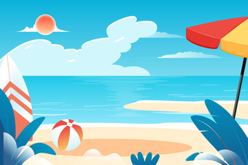 Fototapeta na wymiar Summer, vacation by the sea with beach and plants in the background, vector illustration