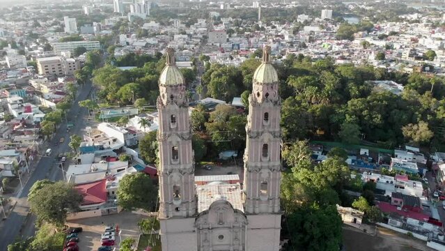 Spinning drone view of the Lord of Tabasco Cathedral in the daytime
