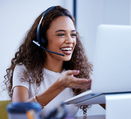 Call center, laptop and funny woman talking in office for customer service. Contact us, computer...