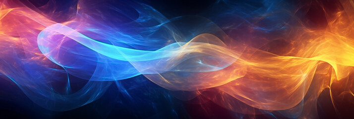 abstract flow of light in yellow, orange , purple and blue waves for texture elements as background against black 