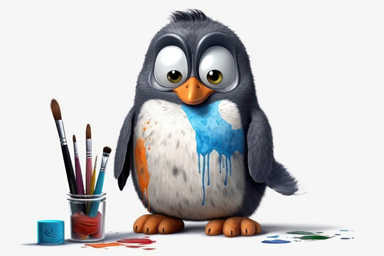 Cartoon curious funny penguin got dirty with blue paint. Nearby is a glass with tassels next to it. Image on a white isolated background. Artist. Generative AI.