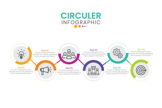 Five colorful circles connected with central round element. 6 features or options of business process concept. Realistic infographic design template. Vector illustration for presentation, report.