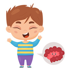 Happy joyful boy and healthy internal organ intestine. Character in cartoon style. Vector illustration for childrens collection, design and decoration of medical, anatomical themes.