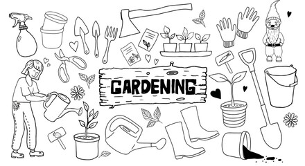Gardening doodle set, girl working in the garden. Vector illustration