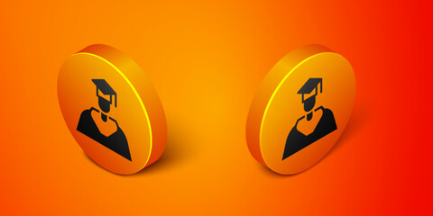 Isometric Graduate and graduation cap icon isolated on orange background. Orange circle button. Vector
