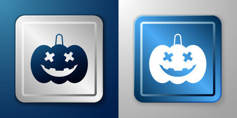 White Pumpkin icon isolated on blue and grey background. Happy Halloween party. Silver and blue square button. Vector