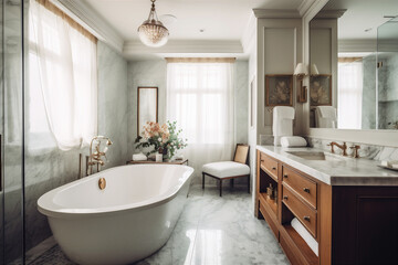 Fototapeta na wymiar Luxurious bathroom with marble countertop, soaking tubs, bath, shower. AI generated.
