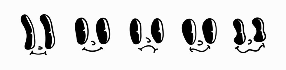 Groovy cartoon psychedelic face set. Happy, sad, confused faces, emotions, eyes for characters (Full Vector)