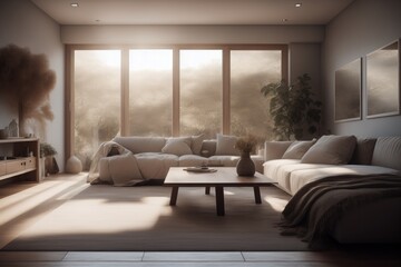 a living room with a couch and with a view of outside the window