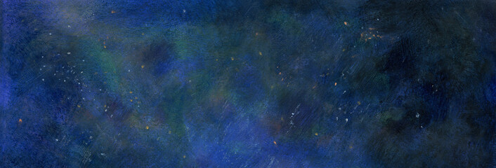 青いグラデーションが美しい、手描きの星空の横長の背景