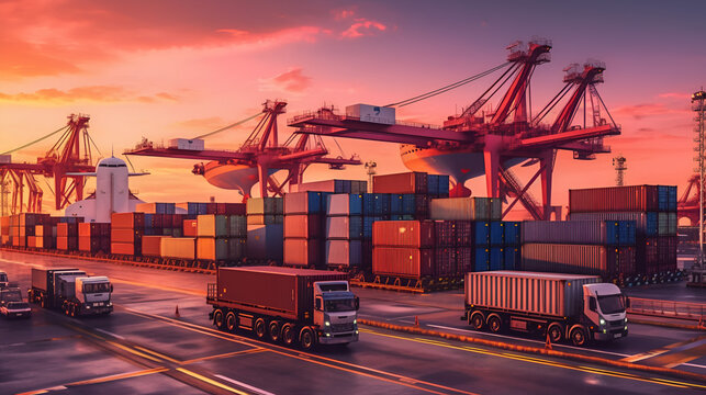 Modern System transportation and logistic import export and transport industry of truck container cargo ship and cargo plane with working crane bridge in shipyard at sunset sky Generative AI