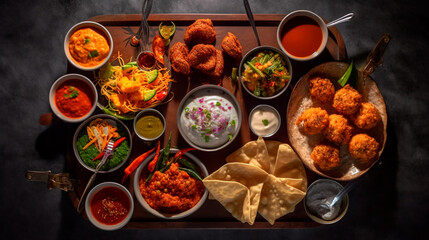 Spicy and Savory: A Mouthwatering Spread of Indian Street Food. Generative AI.