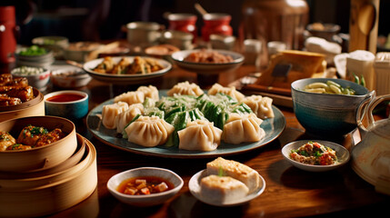 Chinese Culinary Heritage: Exquisite Dim Sum Selection for a Memorable Meal. Generative AI. - obrazy, fototapety, plakaty
