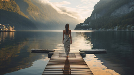  Back view of a woman standing in the sunrise with a lake and mountains in front of her