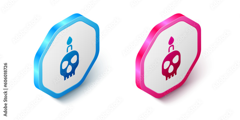 Wall mural isometric burning candle on a skull icon isolated on white background. day of dead. hexagon button. 