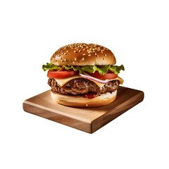 hamburger served on a board with a beautiful and elegant