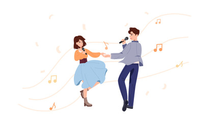 Vector illustration of joyful young people who perform together. A man and a girl sing and dance together, holding hands. An example of how music brings people together. Eurovision, music competitions