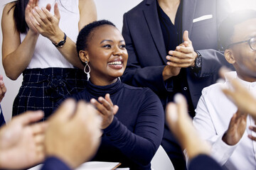 Applause, success and support with black woman in business meeting for conference, agreement and...