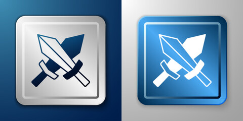 White Sword for game icon isolated on blue and grey background. Silver and blue square button. Vector