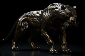 Fototapeta na wymiar Black stone panther animal sculpture with gold inlay on bark background. Generative AI