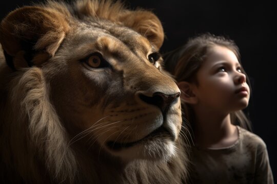 Lion with children, little girl in close up on black background. Symbol of friendship between people and animal